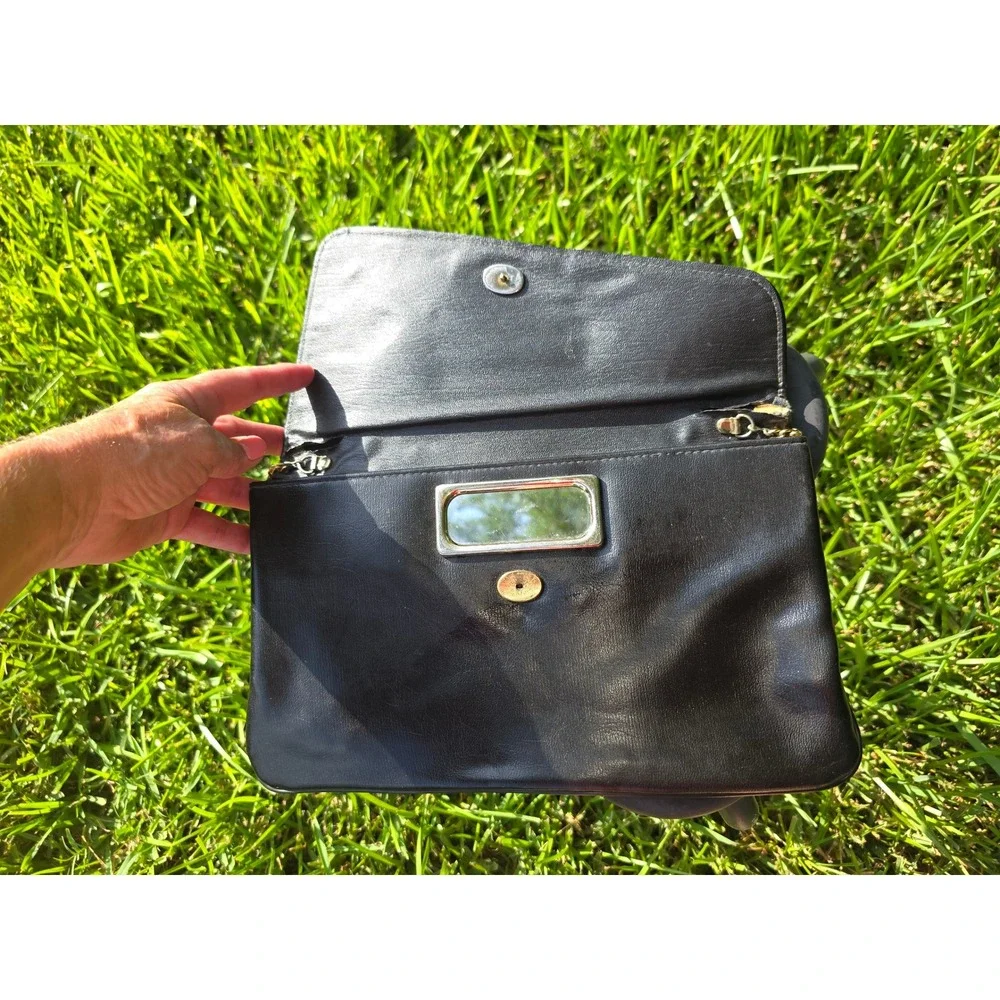Vintage Black Leather Envelope Clutch Amber Triangle Gold Chain Crossbody Bag